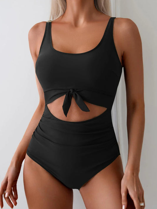 Sculpté One-Piece Tummy Control Cut-Out Tie-Knot Swimsuit in black — sculpting tummy-control swimwear