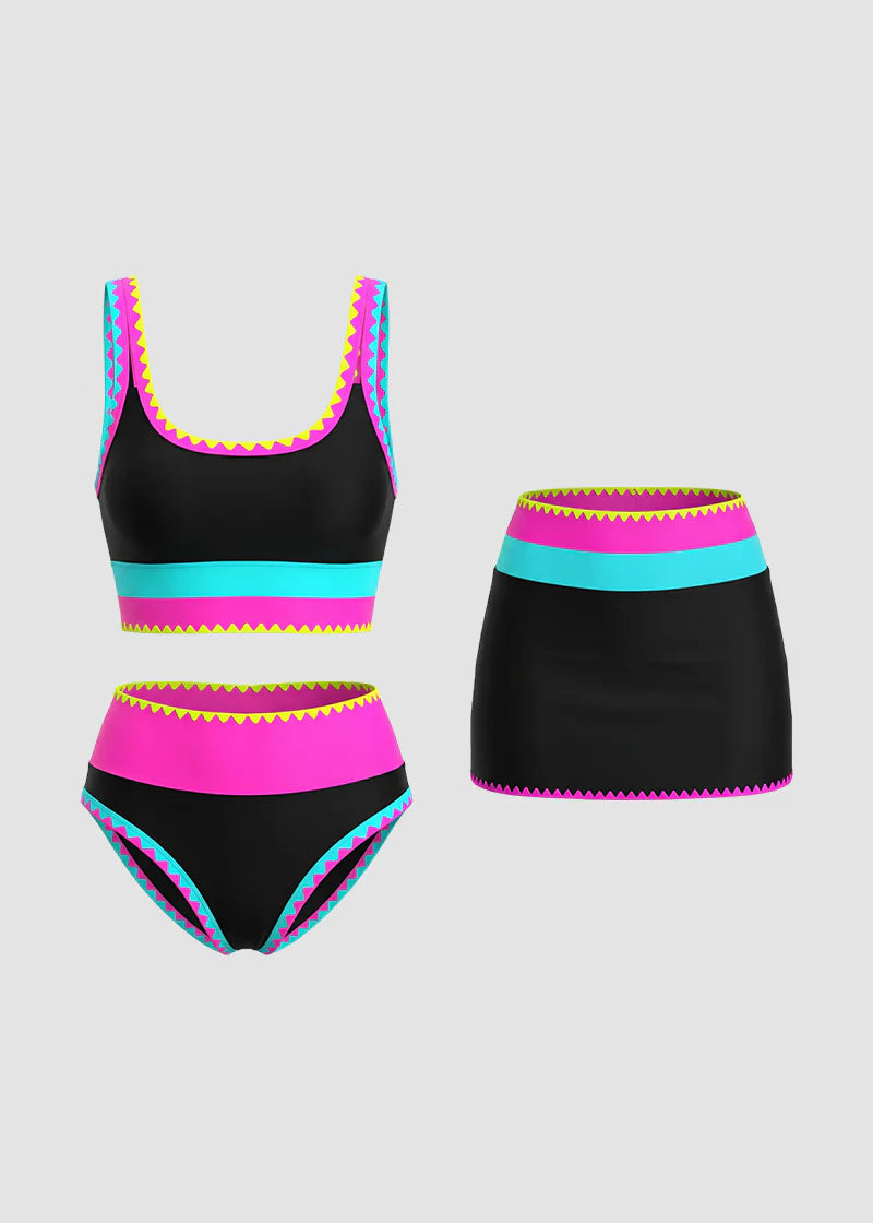 Sporty color Contrast Sporty Tummy control 3 Piece Bikini Sets Sculpté