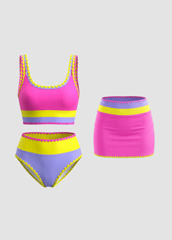 Sporty color Contrast Sporty Tummy control 3 Piece Bikini Sets Sculpté