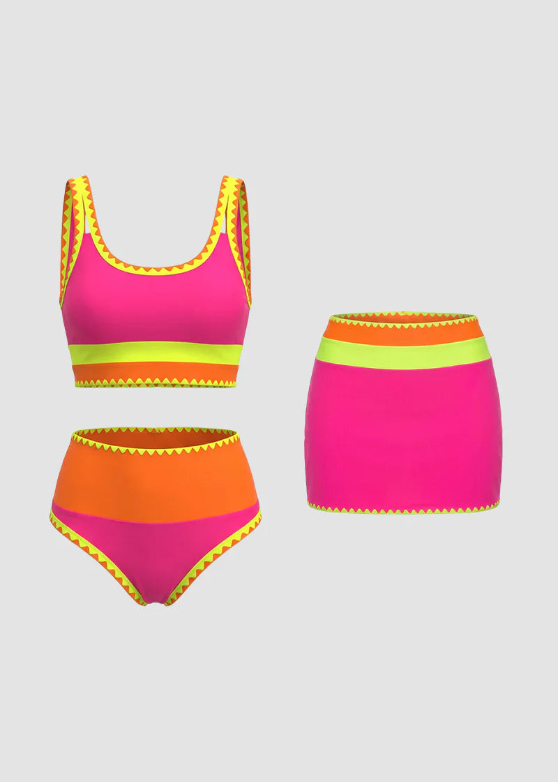 Sporty color Contrast Sporty Tummy control 3 Piece Bikini Sets Sculpté