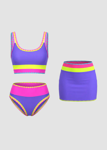 Sporty color Contrast Sporty Tummy control 3 Piece Bikini Sets Sculpté