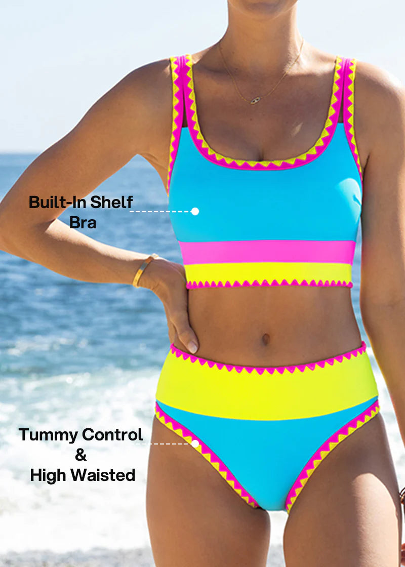 Sporty color Contrast Sporty Tummy control 3 Piece Bikini Sets Sculpté