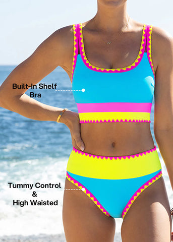 Sporty color Contrast Sporty Tummy control 3 Piece Bikini Sets Sculpté
