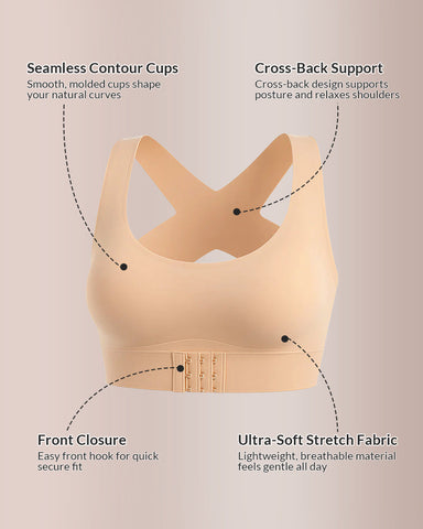 Front Closure Cross-Back Wireless Posture Bra — Back Support & All-Day Comfort, No Underwire Sculpté