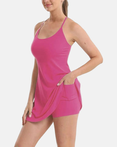 Backless Active Dress With Built-In Shorts and Pockets - Sculpté
