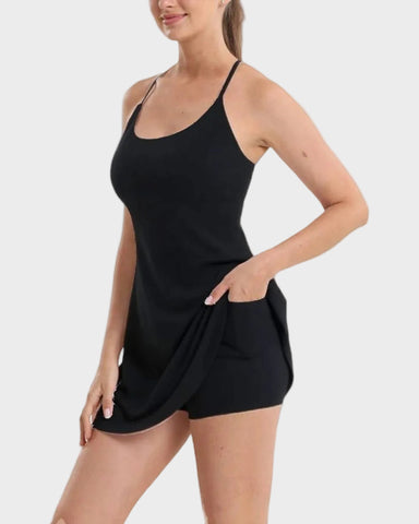 Backless Active Dress With Built-In Shorts and Pockets - Sculpté