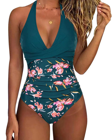 V Neck One Piece Tummy Control Push Up Swimwear - Sculpté