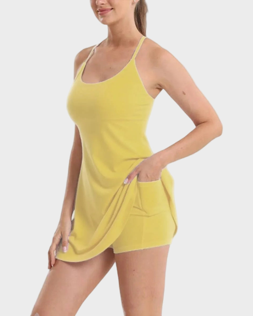 Backless Active Dress With Built-In Shorts and Pockets - Sculpté