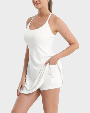 Backless Active Dress With Built-In Shorts and Pockets - Sculpté