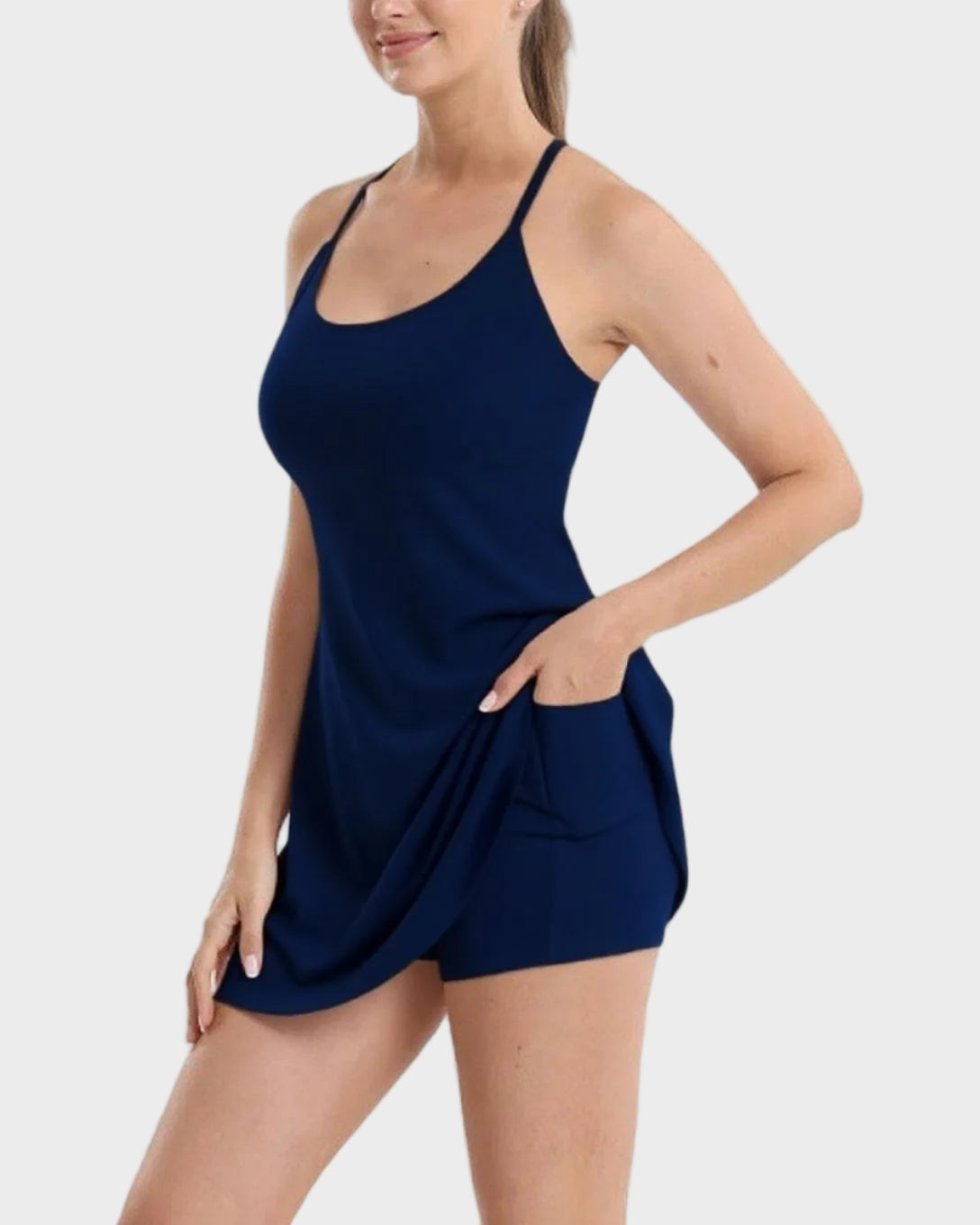 Backless Active Dress With Built-In Shorts and Pockets - Sculpté