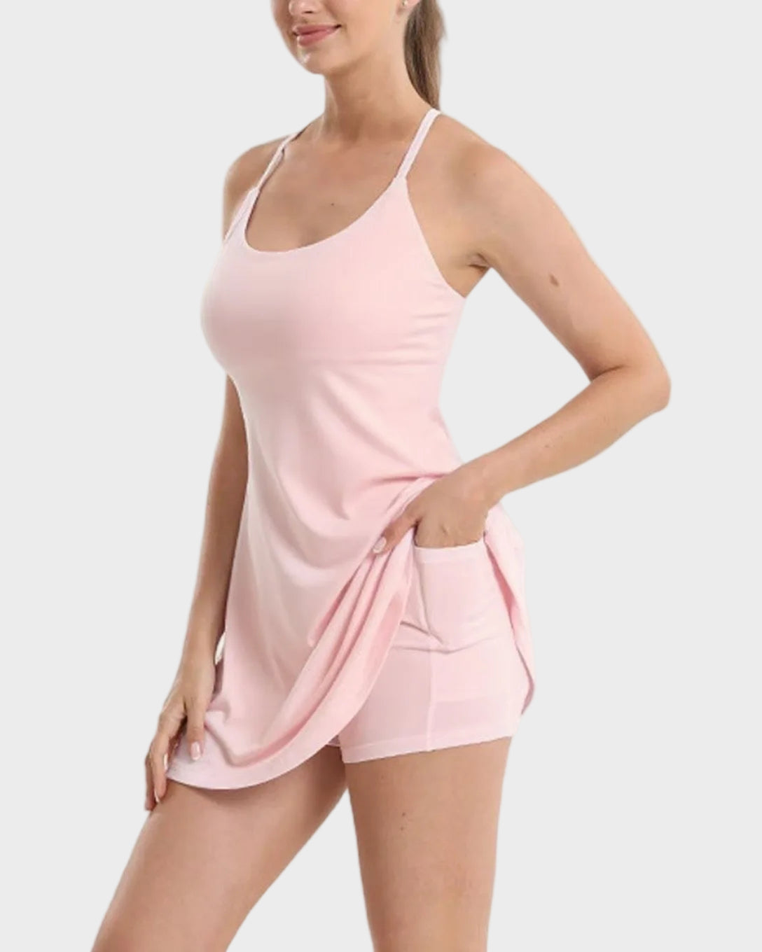 Backless Active Dress With Built-In Shorts and Pockets - Sculpté